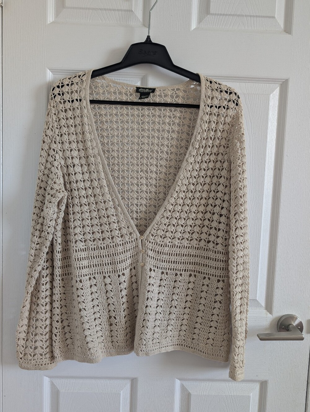 Eddie Bauer - Hand Crocheted Linen Cotton Cardigan Sweater Beige  Boho Chic XL